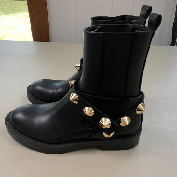 ZARA Ankle Boots Womens 36 6 Black Studded Ankle Strap Chelsea Goth Biker Vegan - Picture 4 of 11